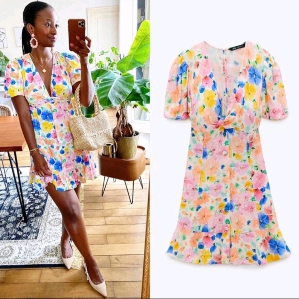 Zara Peach Floral Print Dress with Multicolor Blooms M - Picture 5 of 7